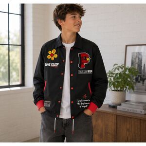 Kleep Youth "Love To Kleep" Snap Front Patch Black Bomber Jacket Boy's 13-14